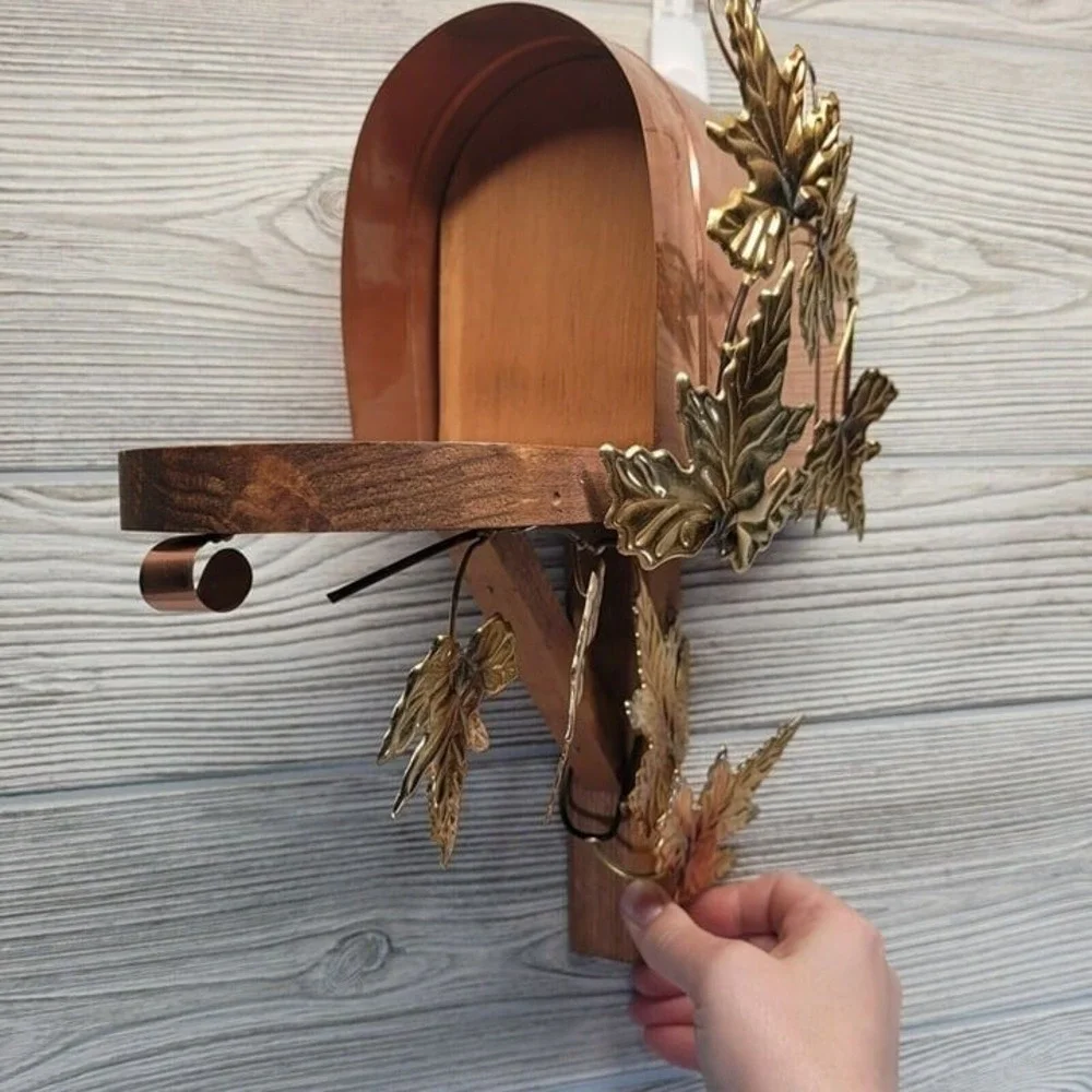 Mailbox Wall Sconce Shelf Copper Gold Autumn Maple Leaves Rustic Decor